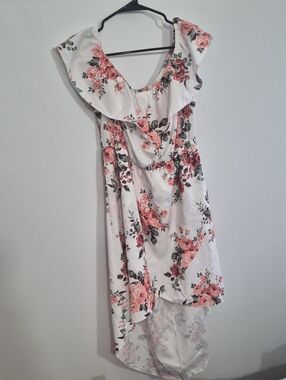 Floral Ruffle High-Low Dress - White with Pink Rose Print